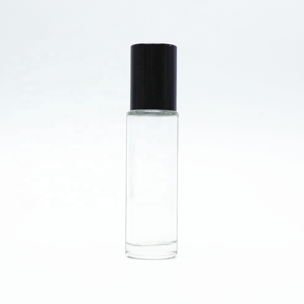 10ml clear glass roll on bottle with black plastic lid withglass roller ball for perfume
