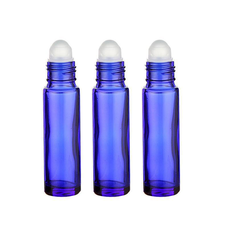 10ml cobalt blue glass roll on essential oil bottle with plastic roller and black plastic lid