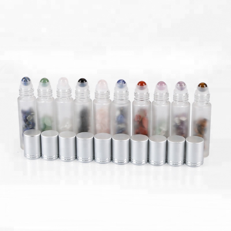 10ml crystal ball gemstone roller essential oil glass bottle  with gemstone chips inside