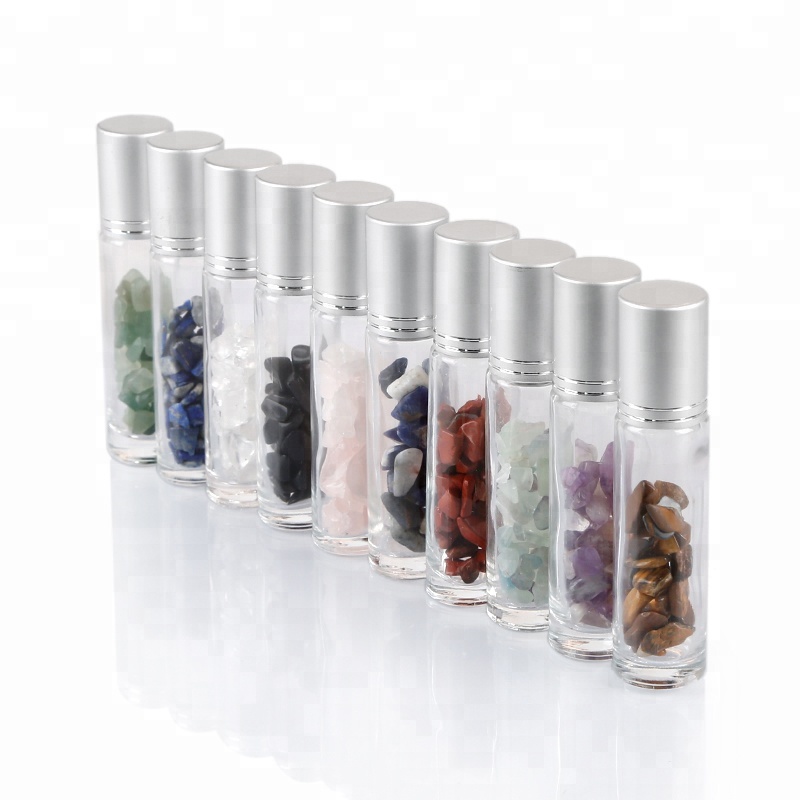 10ml crystal ball gemstone roller essential oil glass bottle with gemstone chips inside