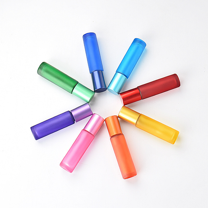 10ml custom matt colorful frosted glass pen shape stainless steel roller ball top perfume essential oil bottles wholesale