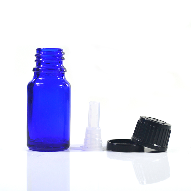 10ml empty blue glass essential oil dropper bottle with tamperproof cap and funnel plug for packaging wholesales