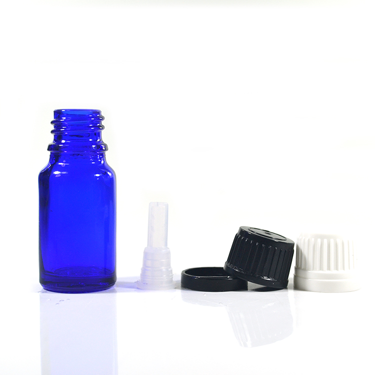 10ml empty blue glass essential oil dropper bottle with tamperproof cap and funnel plug for packaging wholesales
