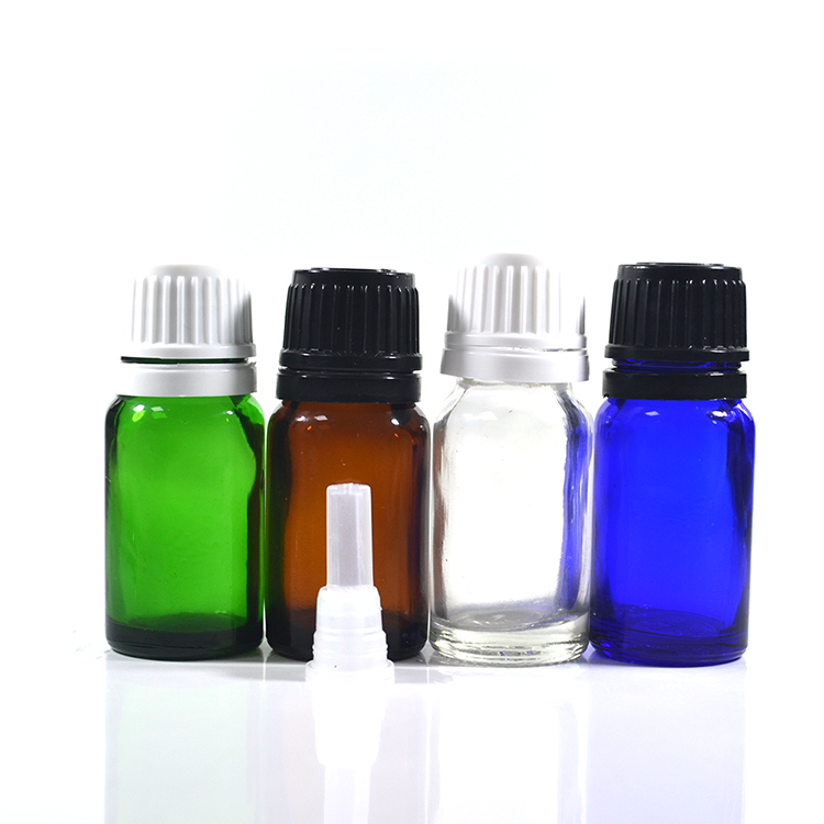 10ml empty blue glass essential oil dropper bottle with tamperproof cap and funnel plug for packaging wholesales
