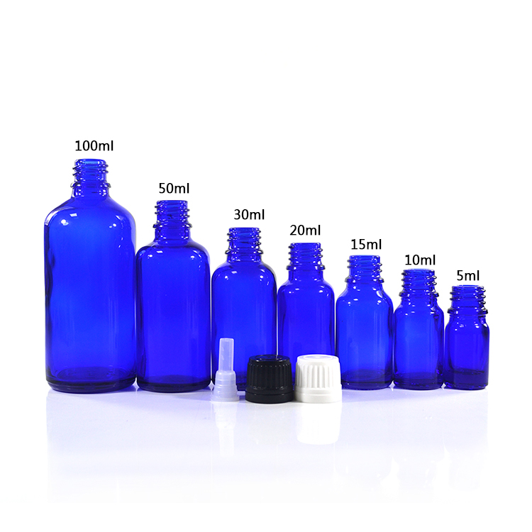 10ml empty blue glass essential oil dropper bottle with tamperproof cap and funnel plug for packaging wholesales