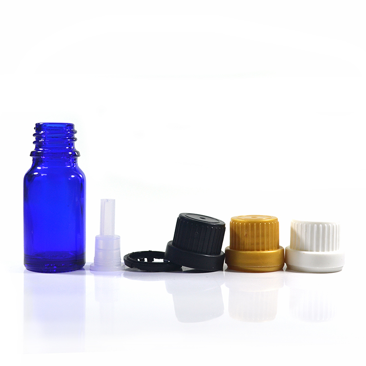10ml empty blue glass essential oil dropper bottle with tamperproof cap and funnel plug for packaging wholesales