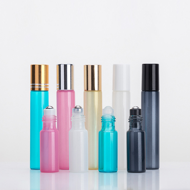 10ml empty frosted colorful tube glass roll on bottle with stainless steel roller