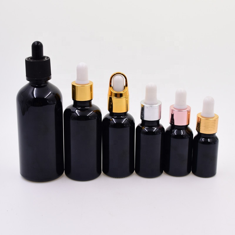 10ml empty glossy black cosmetic packaging glass essential oil serum e-liquid bottle for perfume with pipette dropper spray pump