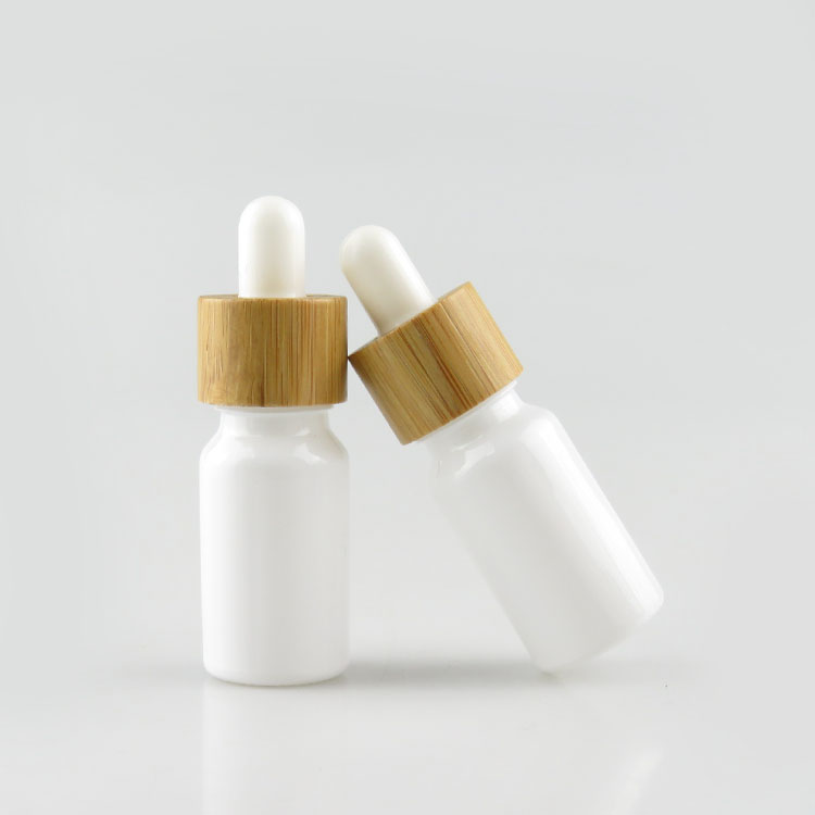 10ml essential oil shiny white frosted glass dropper bottle with bamboo cap