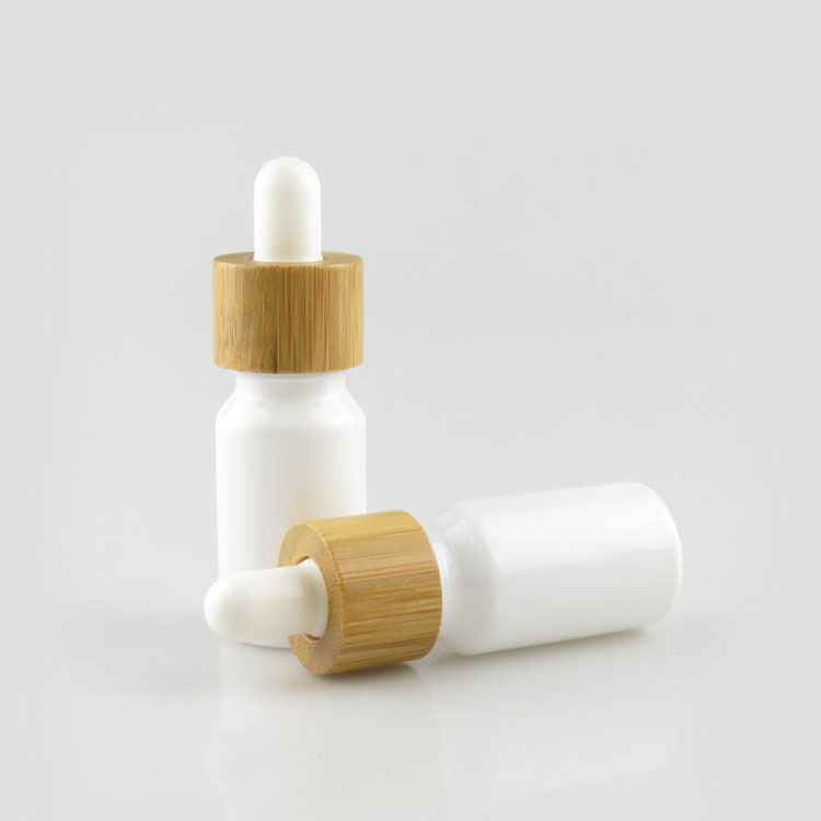 10ml essential oil shiny white frosted glass dropper bottle with bamboo cap