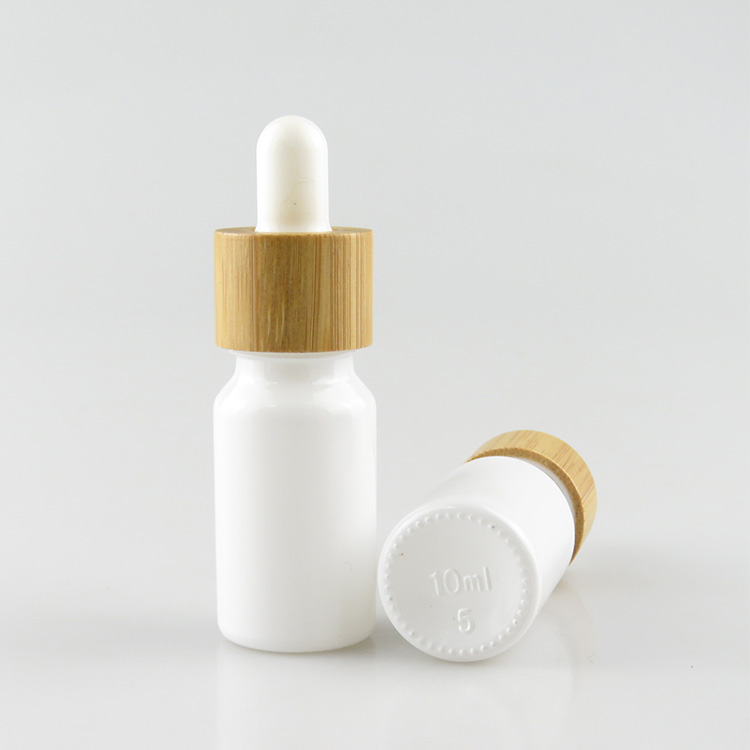10ml essential oil shiny white frosted glass dropper bottle with bamboo cap