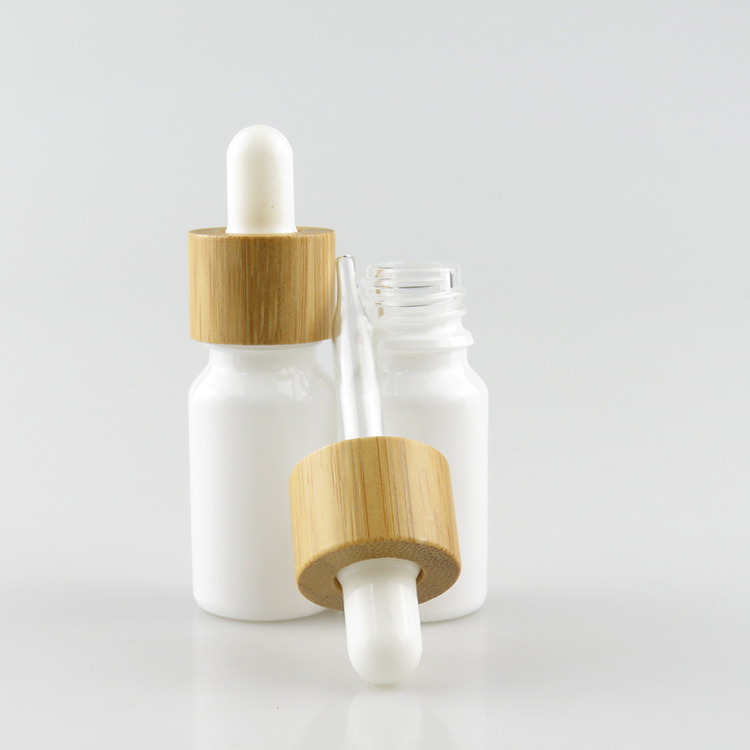 10ml essential oil shiny white frosted glass dropper bottle with bamboo cap