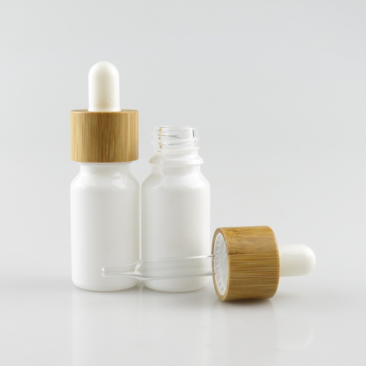 10ml essential oil shiny white frosted glass dropper bottle with bamboo cap