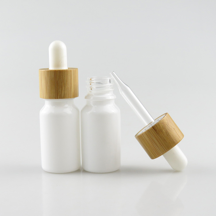 10ml essential oil shiny white frosted glass dropper bottle with bamboo cap
