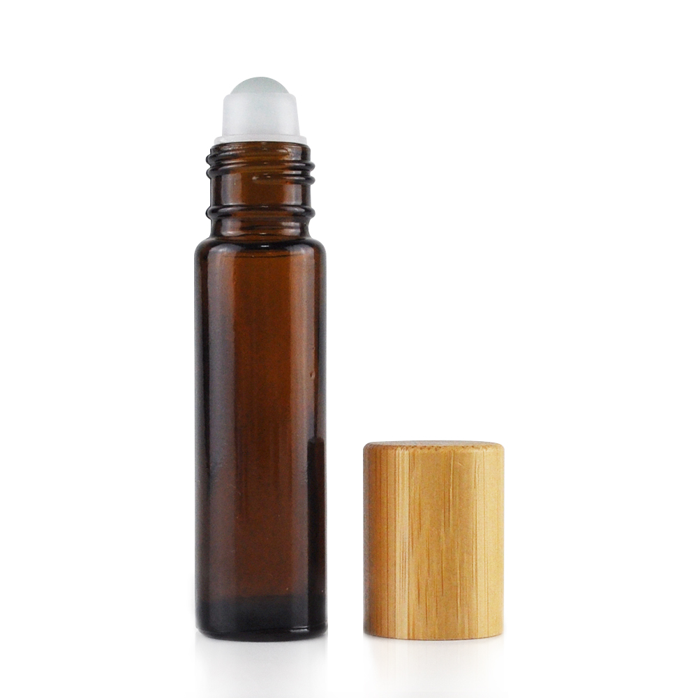 10ml glass amber essential oil roller bottle with bamboo cap