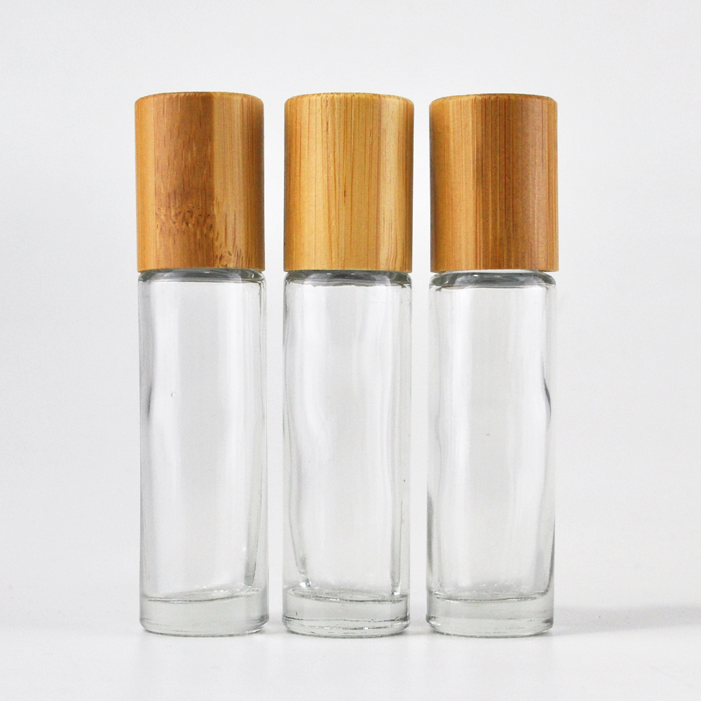 10ml glass amber essential oil roller bottle with bamboo cap