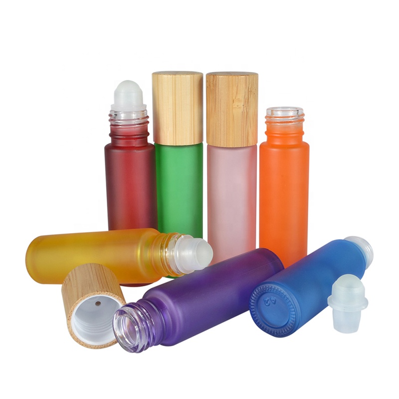 10ml matt frosted pink red green orange purple glass roll on bottle with bamboo cap