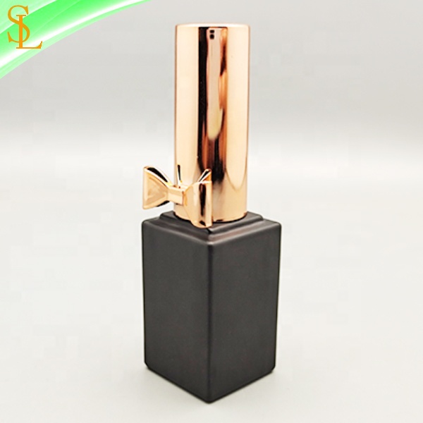 10ml matte black square nail polish bottle with rose gold bow cap and flat brush for uv gel polish