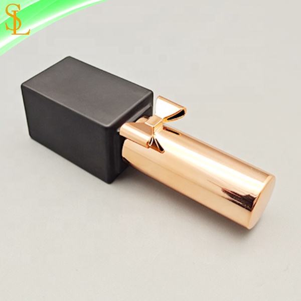 10ml matte black square nail polish bottle with rose gold bow cap and flat brush for uv gel polish