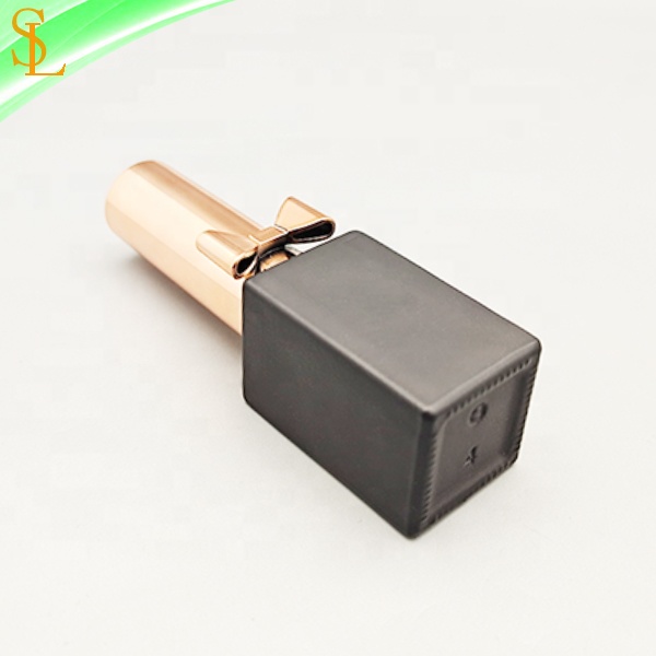 10ml matte black square nail polish bottle with rose gold bow cap and flat brush for uv gel polish
