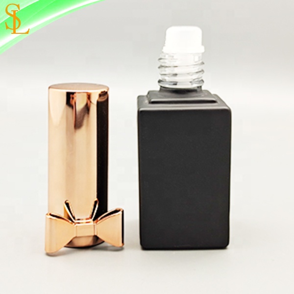 10ml matte black square nail polish bottle with rose gold bow cap and flat brush for uv gel polish
