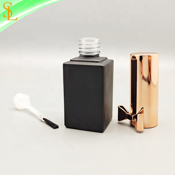 10ml matte black square nail polish bottle with rose gold bow cap and flat brush for uv gel polish