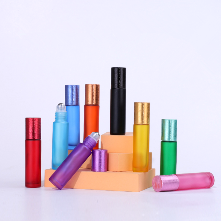 10ml matte frosted colorful Glass Perfume Essential Oil Roll On Bottles with Golden velvet cover