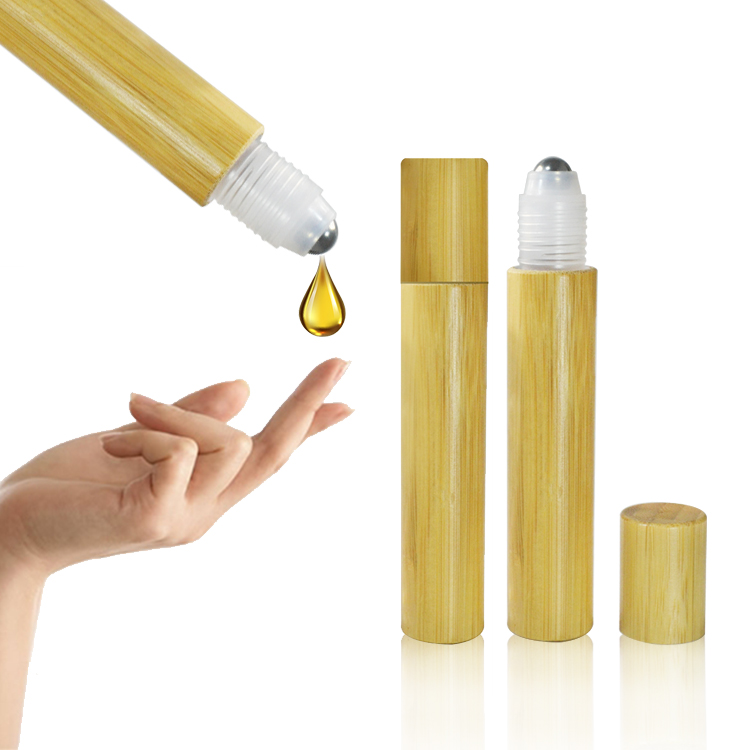 10ml perfume bamboo roller on bottle stainless steel with bamboo lid cosmetic packaging