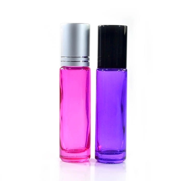 10ml pink purple colored roll on glass bottle stainless steel roller ball with lid