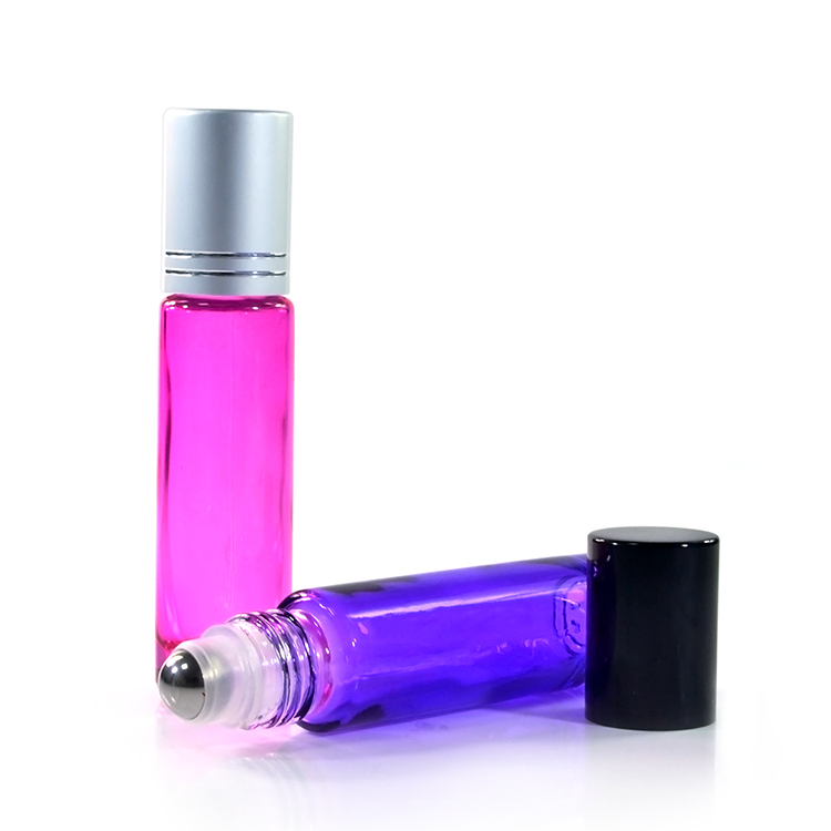 10ml pink purple colored roll on glass bottle stainless steel roller ball with lid
