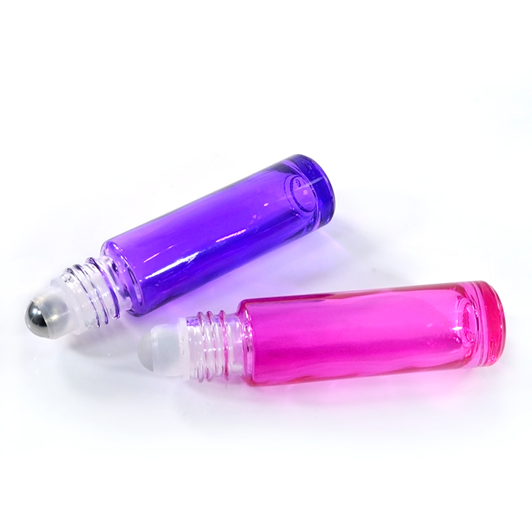 10ml pink purple colored roll on glass bottle stainless steel roller ball with lid