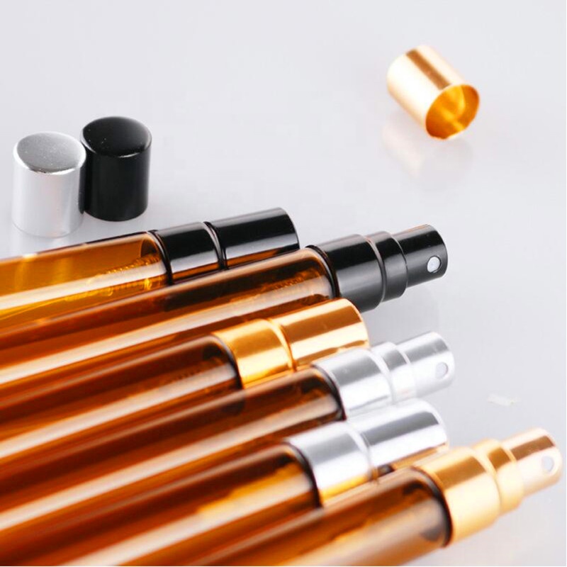 10ml portable amber glass spray skin refiner tube bottle with semi-aluminium cap