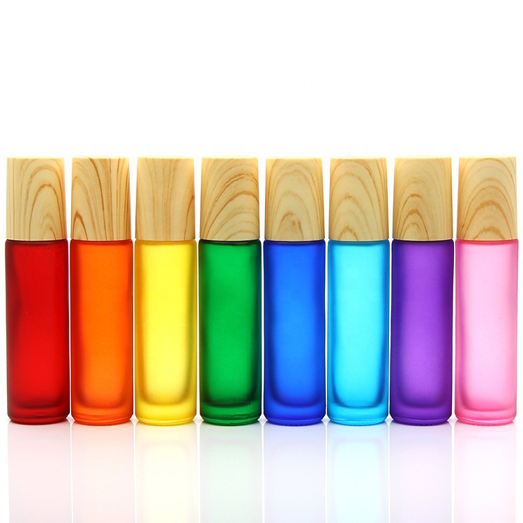 10ml rainbow color red yellow blue black essential oil perfume glass roll on frosted bottle