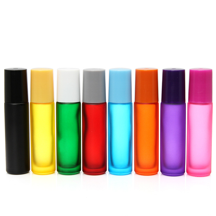 10ml rainbow color red yellow blue black essential oil perfume glass roll on frosted bottle