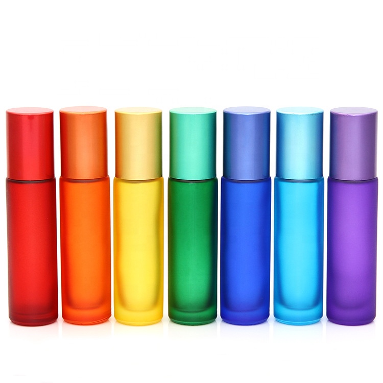 10ml rainbow color red yellow blue black essential oil perfume glass roll on frosted bottle