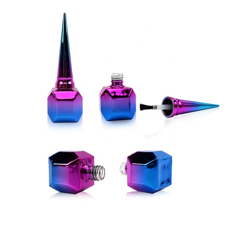 10ml rhombus electroplate blue purple nail polish bottle with circular cone brush cap glass bottle for nail polish
