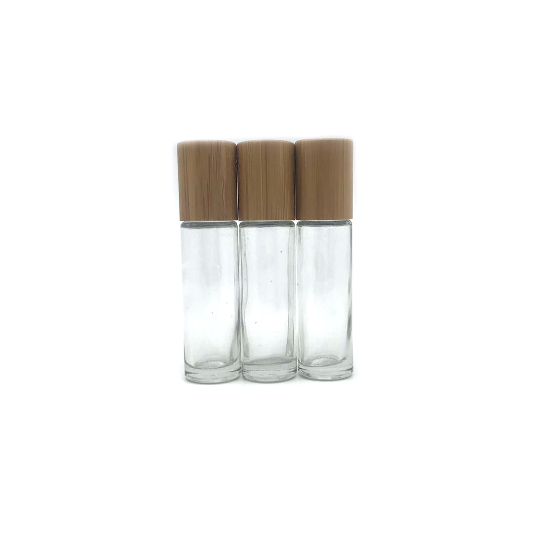 10ml roll on transparent empty glass bottle with bamboo cap for cosmetic packaging