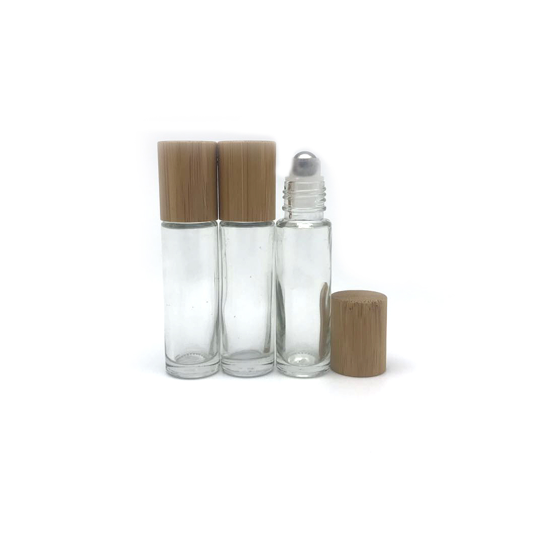 10ml roll on transparent empty glass bottle with bamboo cap for cosmetic packaging