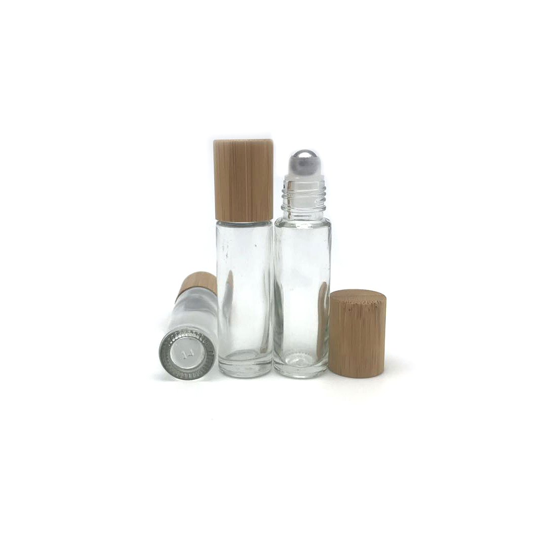 10ml roll on transparent empty glass bottle with bamboo cap for cosmetic packaging