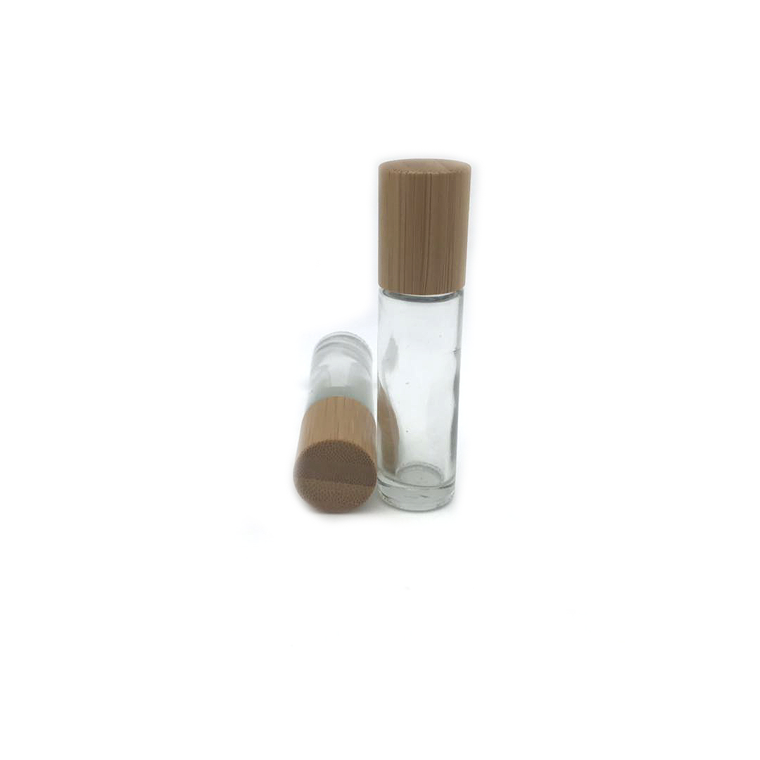 10ml roll on transparent empty glass bottle with bamboo cap for cosmetic packaging