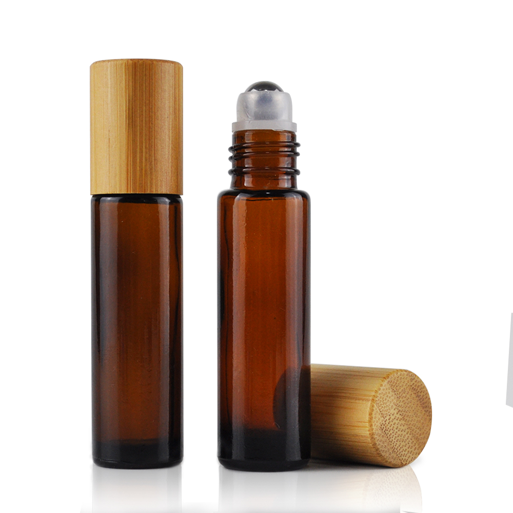 10ml thick essential oil perfume eye cream frosted amber roller bottle with bamboo cap