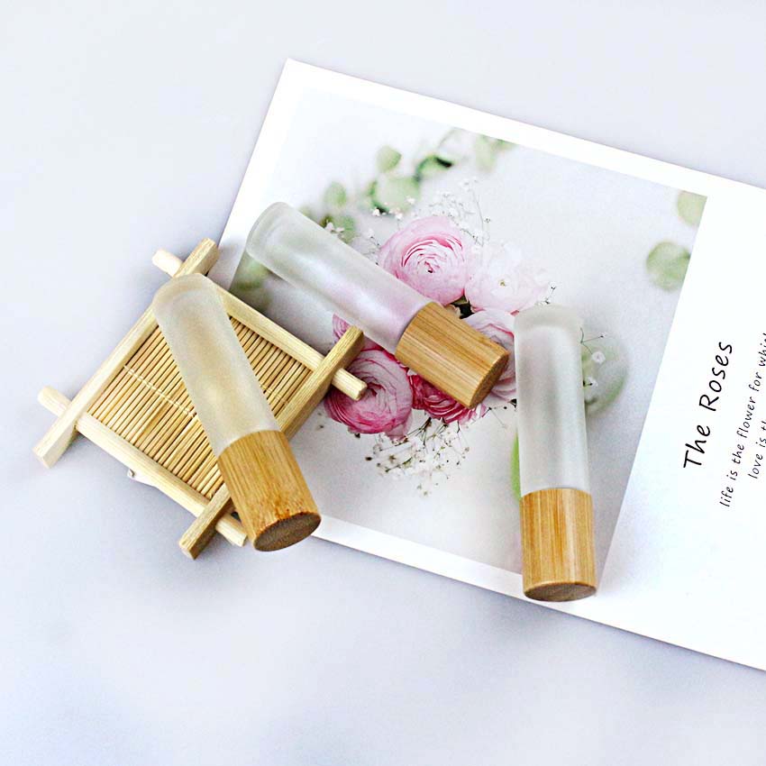 10ml wood grain bamboo cap glass frosted roll on bottle with stainless roller ball