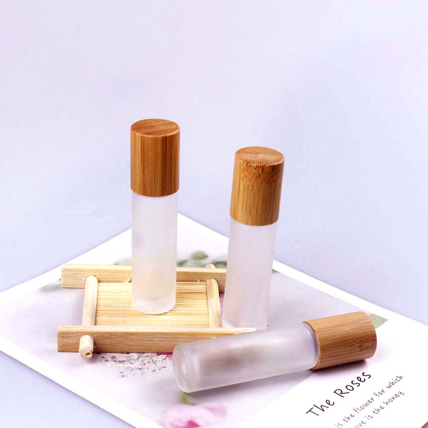 10ml wood grain bamboo cap glass frosted roll on bottle with stainless roller ball