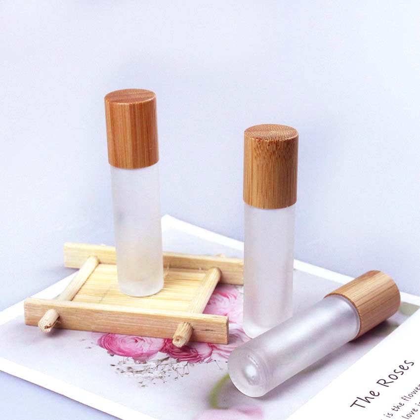 10ml wood grain bamboo cap glass frosted roll on bottle with stainless roller ball