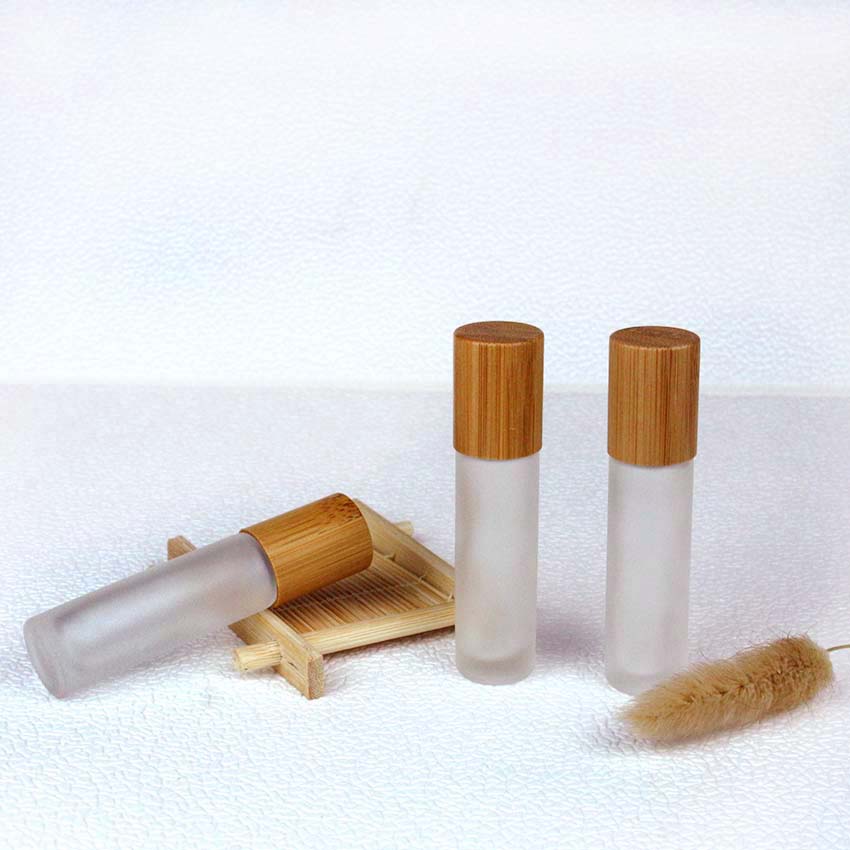 10ml wood grain bamboo cap glass frosted roll on bottle with stainless roller ball