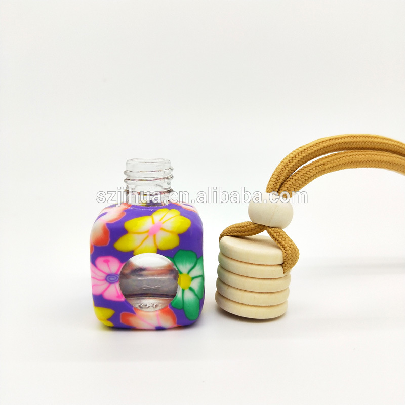 10ml wooden cover Hanging Rope Square Shape Polymer Clay bottle Car Perfume Bottle