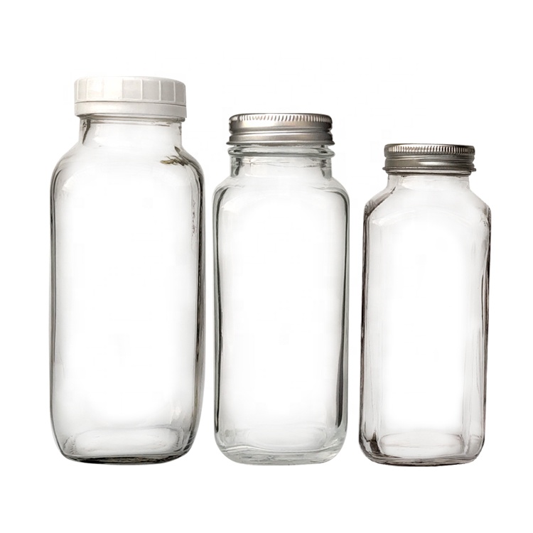 10oz 12oz 16oz French Square Milk Juice Glass Bottle with Plastic Cap