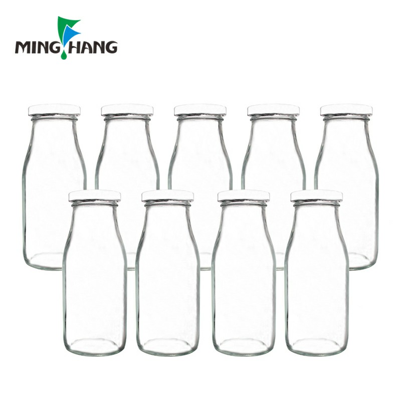 11 Oz Glass Milk Bottles with Metal Twist Lids, glass bottle for fruit juice with straws