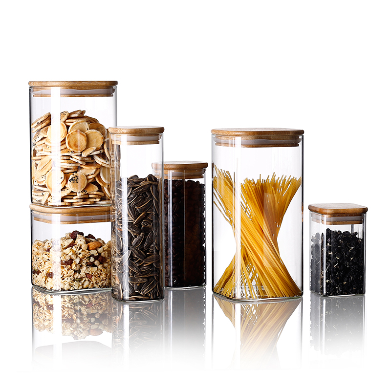 1100ml Handmade Borosilicate Glass Airtight Square Shaped Storage Jars With Bamboo Lid