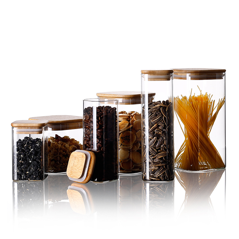 1100ml Handmade Borosilicate Glass Airtight Square Shaped Storage Jars With Bamboo Lid